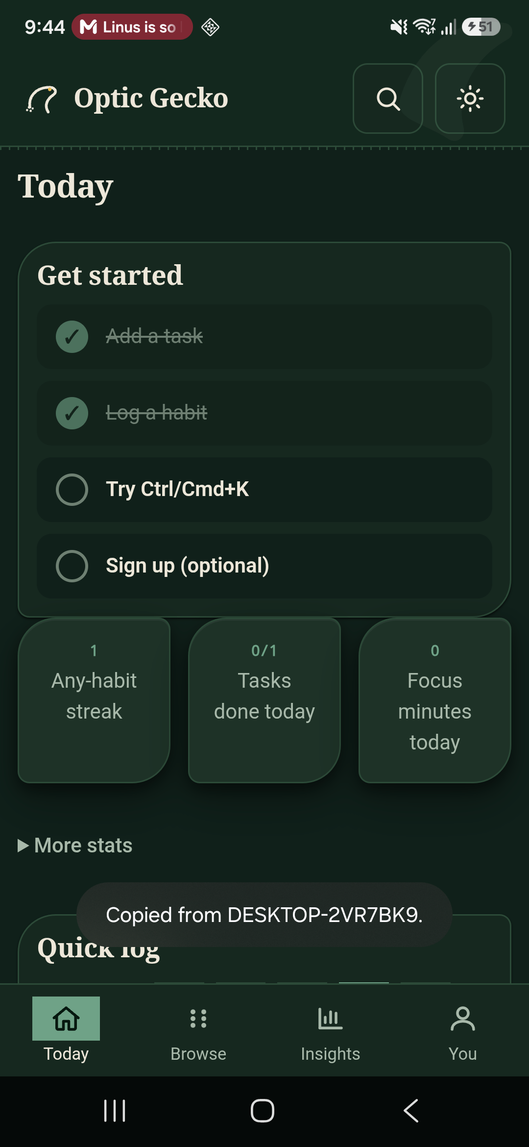 The Today screen: today's tasks, habit checklist, focus minutes and streaks.