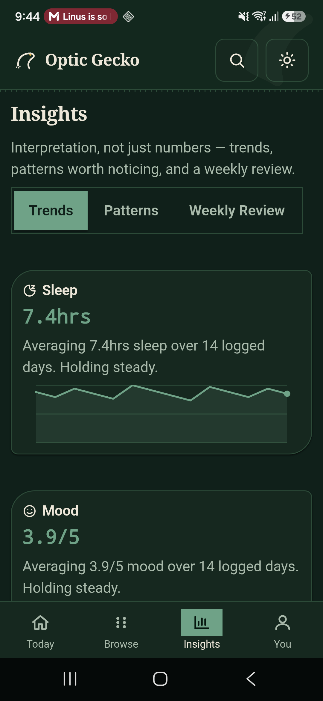 Insights screen showing sleep and mood trends over fourteen days.