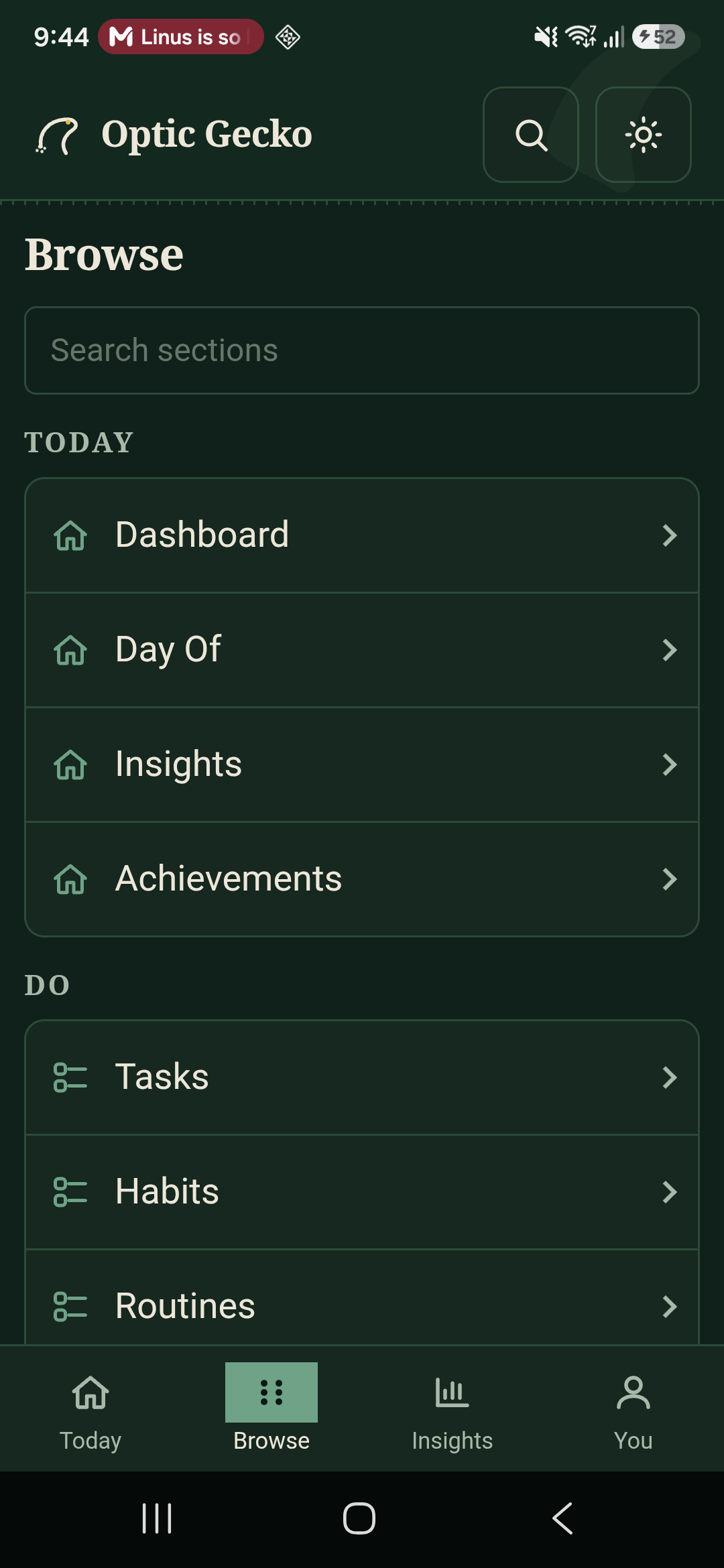 Browse screen listing every section grouped by hub, with a search field.