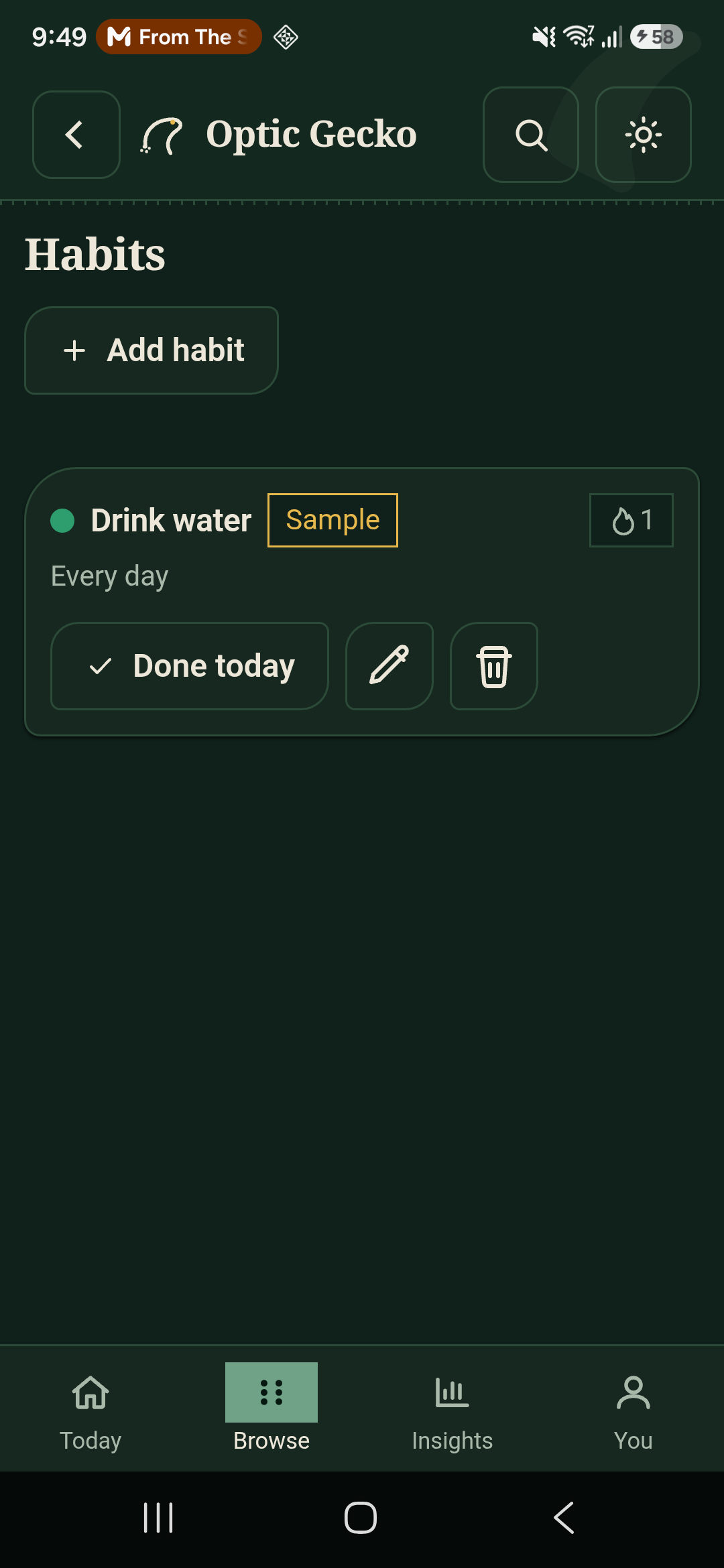 Habits screen with a streak count and one-tap logging.